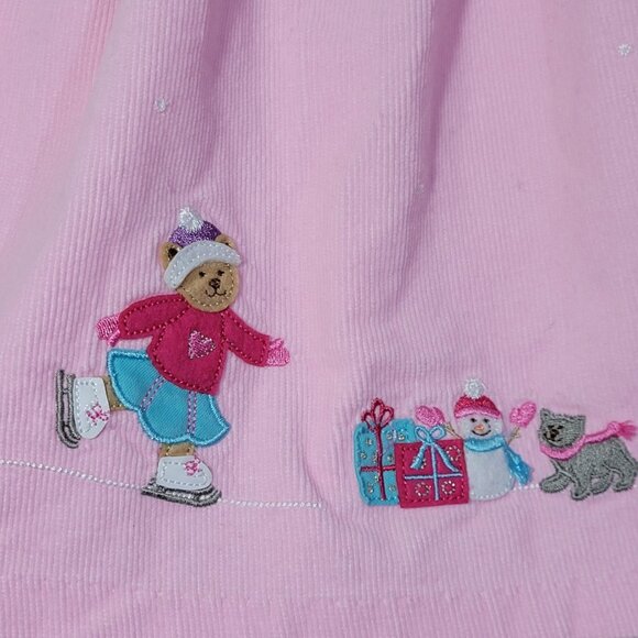 Christmas Jumper Dress Girls Sz 12 mths Pink Corduroy Embroidered Winter Skating - Picture 10 of 13